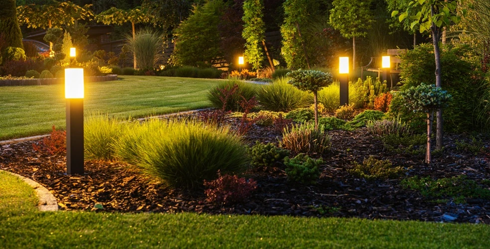 Beautifully landscaped garden makeover with illuminated pathway lights during evening.