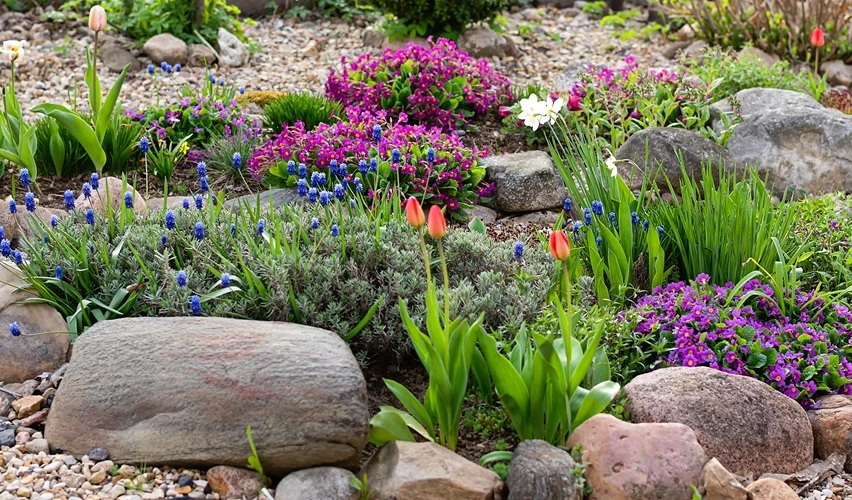 Colourful flower garden with purple, red, and white blooms surrounded by natural rocks